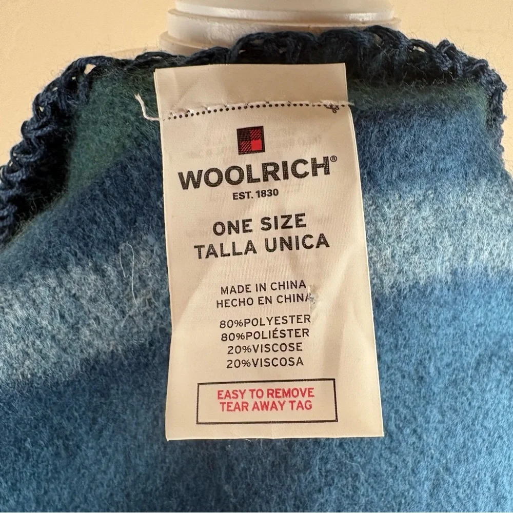 Woolrich Soft Cozy Blanket Wrap Poncho Shawl Blue Green Plaid Blanket Stitch Hem